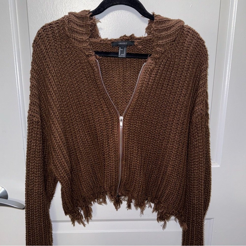 Forever 21 knitted zip-up hoodie with fringe detail